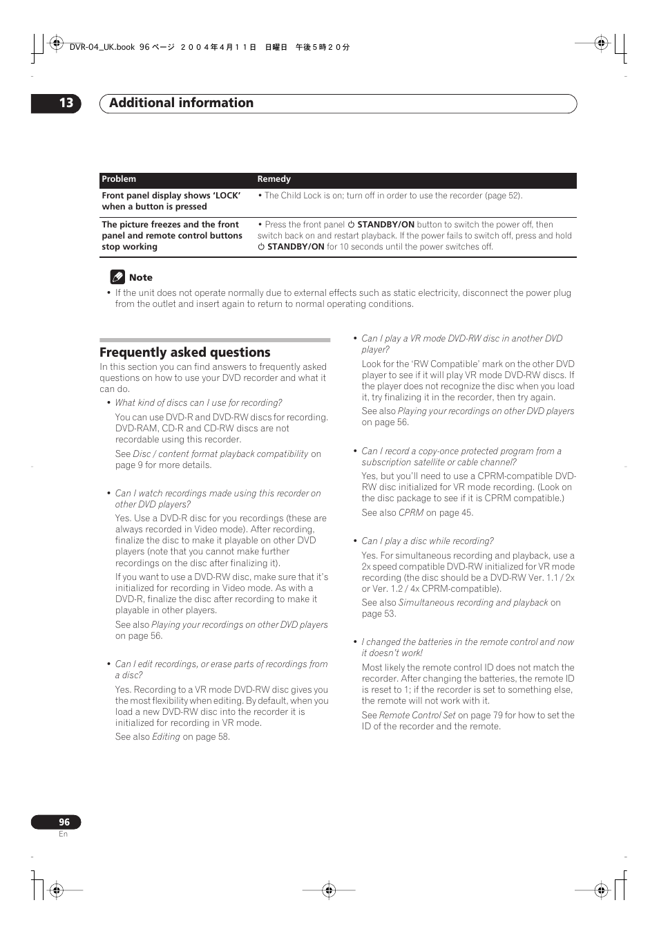 Frequently asked questions, Additional information 13 | Pioneer DVR-220 User Manual | Page 96 / 108