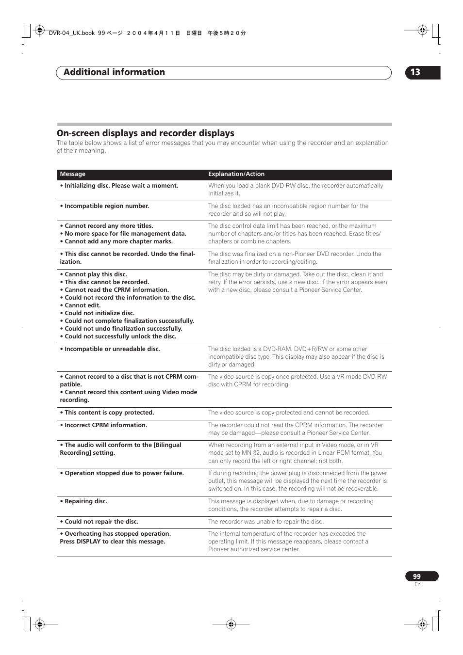 Recording from a dv camcorder (dvr-320 only), On-screen displays and recorder displays, Additional information 13 | Pioneer DVR-220 User Manual | Page 99 / 108