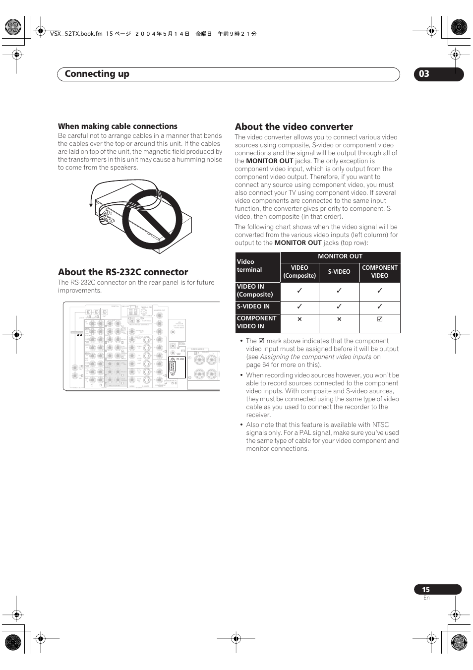 When making cable connections, Connecting up 03, About the rs-232c connector | About the video converter, Monitor out, Ous video inputs (left column) for output to the, Jacks (top row): • the, Assigning the component video inputs, M the vari, Video terminal monitor out | Pioneer VSX-52TX User Manual | Page 15 / 79