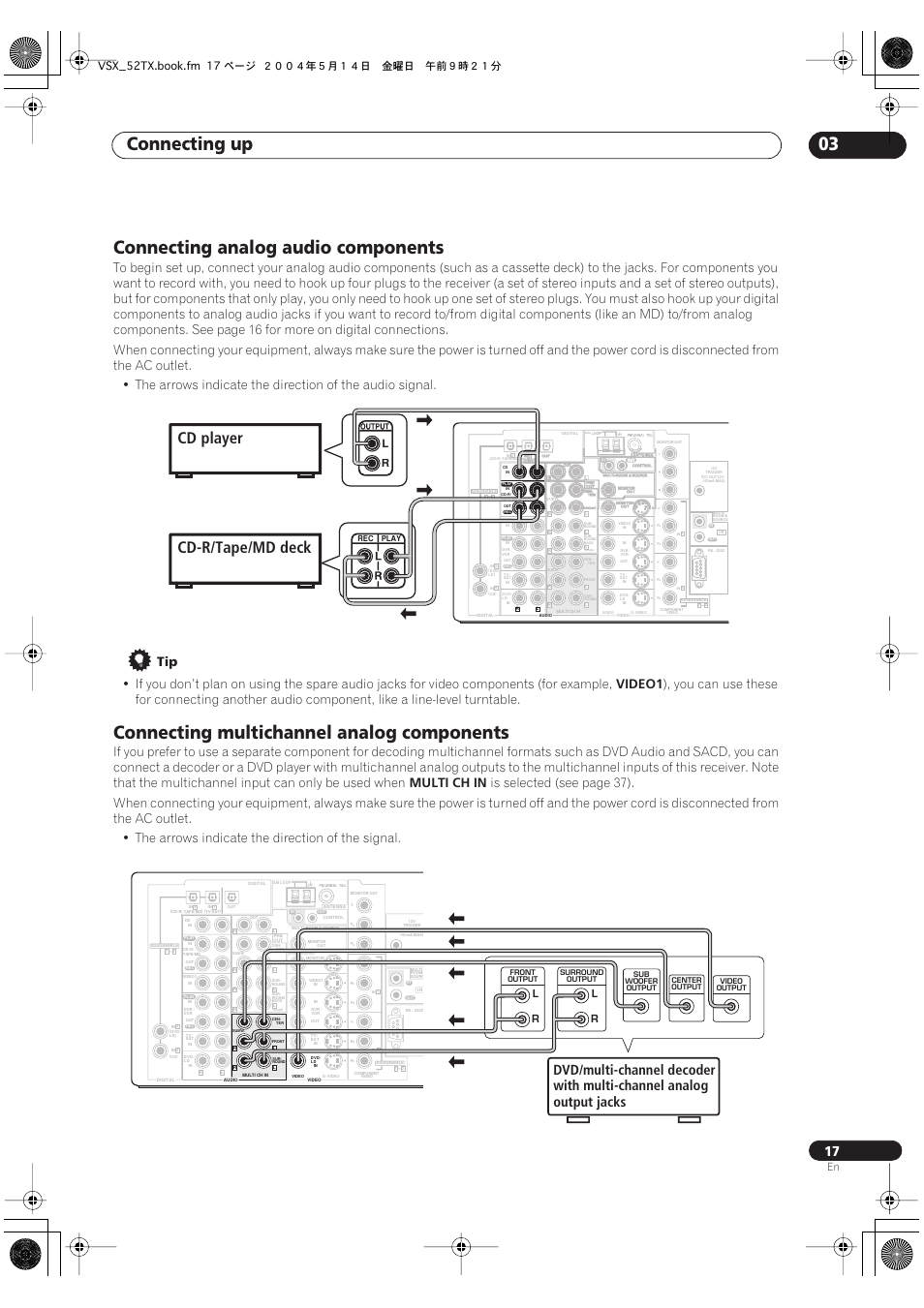 Connecting up 03, Connecting analog audio components, Connecting multichannel analog components | Cd player cd-r/tape/md deck, Video1, Multi ch in, Vsx_52tx.book.fm 17 ページ ２００４年５月１４日 金曜日 午前９時２１分 | Pioneer VSX-52TX User Manual | Page 17 / 79