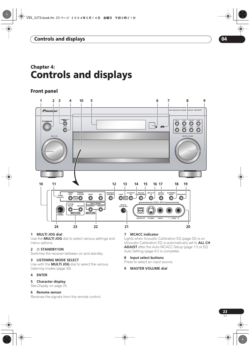 04 controls and displays, Front panel, Controls and displays | Controls and displays 04, Chapter 4 | Pioneer VSX-52TX User Manual | Page 23 / 79