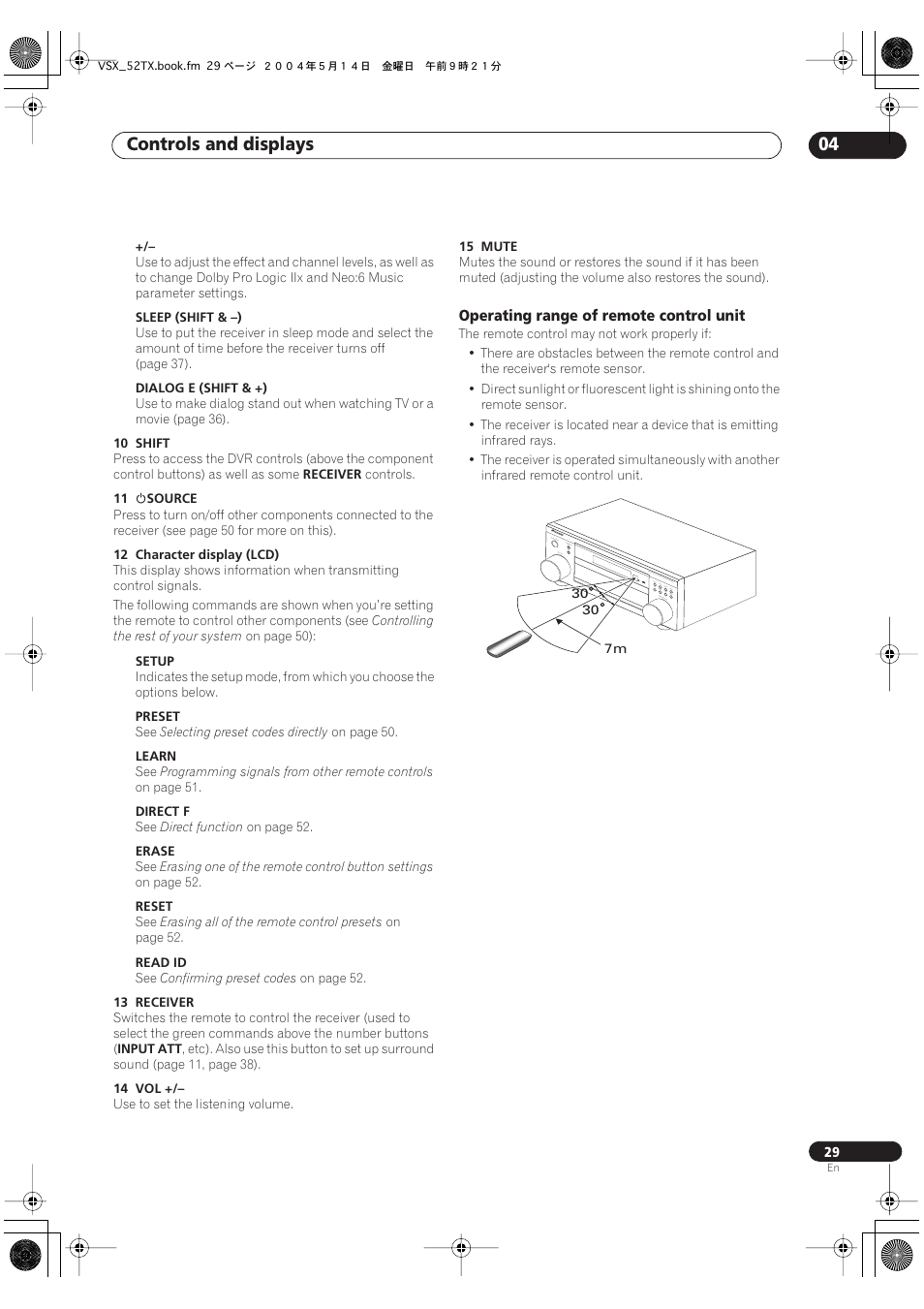 Operating range of remote control unit, Controls and displays 04 | Pioneer VSX-52TX User Manual | Page 29 / 79