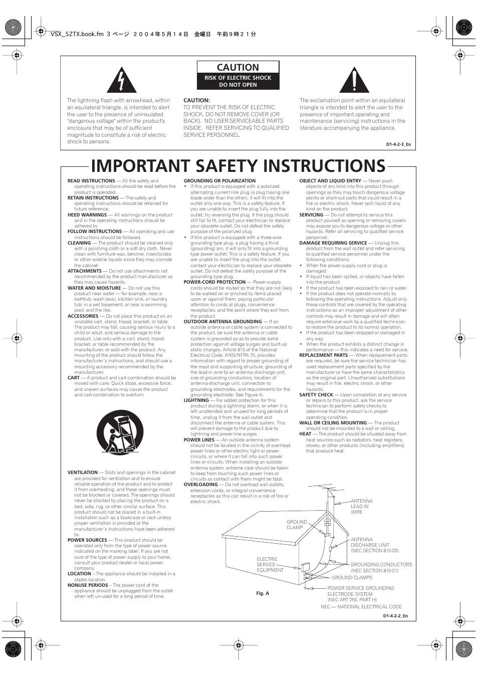 Important safety instructions, Caution | Pioneer VSX-52TX User Manual | Page 3 / 79