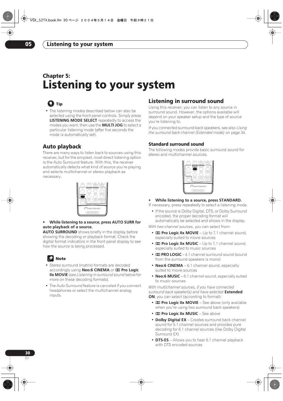 05 listening to your system, Auto playback listening in surround sound, Standard surround sound | Listening to your system, Listening to your system 05, Chapter 5, Auto playback, Listening in surround sound | Pioneer VSX-52TX User Manual | Page 30 / 79