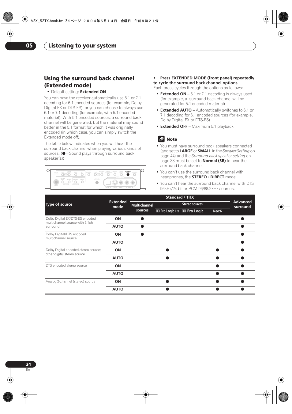Using the surround back channel (extended mode), Listening to your system 05 | Pioneer VSX-52TX User Manual | Page 34 / 79