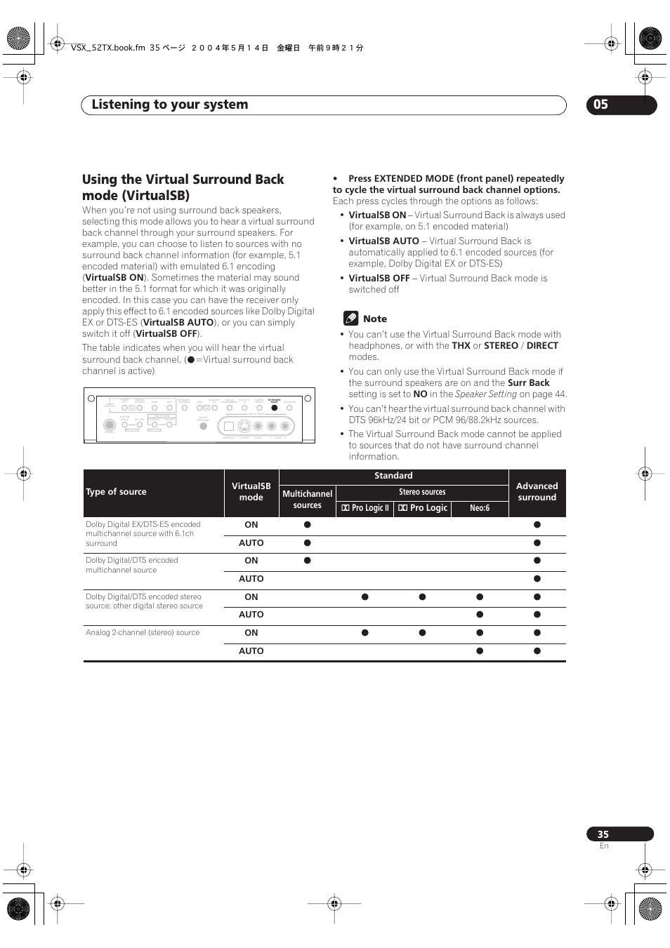 Using the virtual surround back mode (virtualsb), Listening to your system 05 | Pioneer VSX-52TX User Manual | Page 35 / 79