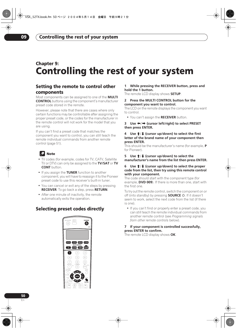 09 controlling the rest of your system, Controlling the rest of your system, Controlling the rest of your system 09 | Chapter 9, Setting the remote to control other components, Selecting preset codes directly | Pioneer VSX-52TX User Manual | Page 50 / 79