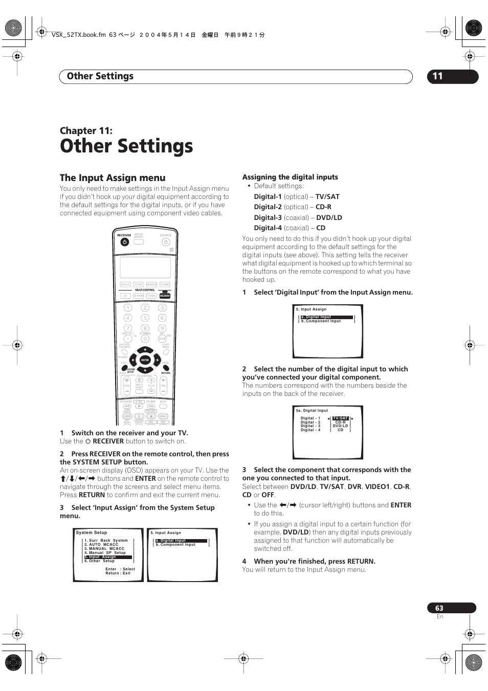 11 other settings, The input assign menu, Other settings | Other settings 11, Chapter 11 | Pioneer VSX-52TX User Manual | Page 63 / 79