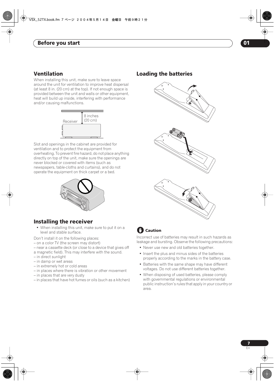 Before you start 01, Ventilation, Installing the receiver | Loading the batteries | Pioneer VSX-52TX User Manual | Page 7 / 79