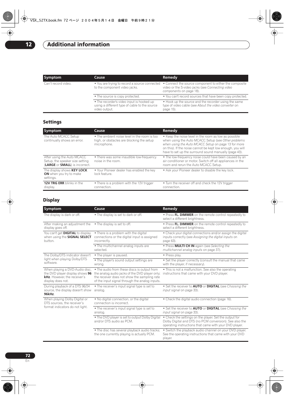 Settings display, Additional information 12 | Pioneer VSX-52TX User Manual | Page 72 / 79