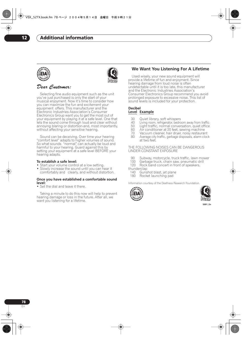 Additional information 12, We want you listening for a lifetime | Pioneer VSX-52TX User Manual | Page 78 / 79