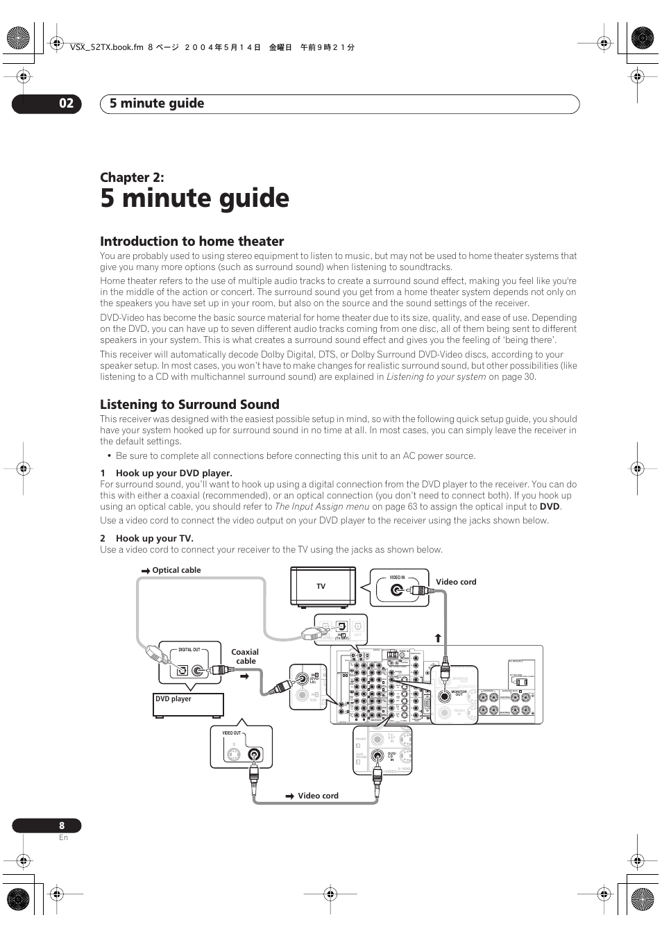 02 5 minute guide, 5 minute guide, 5 minute guide 02 | Chapter 2, Introduction to home theater, Listening to surround sound, Cen- ter, Am loop, Single), Rec out rec | Pioneer VSX-52TX User Manual | Page 8 / 79