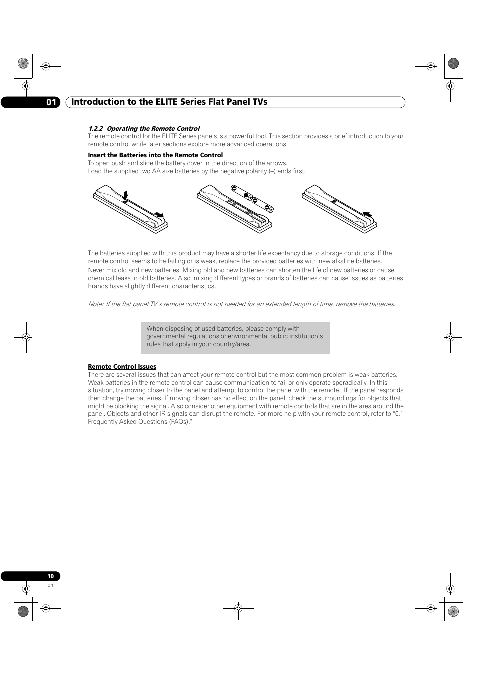 2 operating the remote control, 01 introduction to the elite series flat panel tvs | Pioneer Elite KURO PRO 151FD User Manual | Page 10 / 167