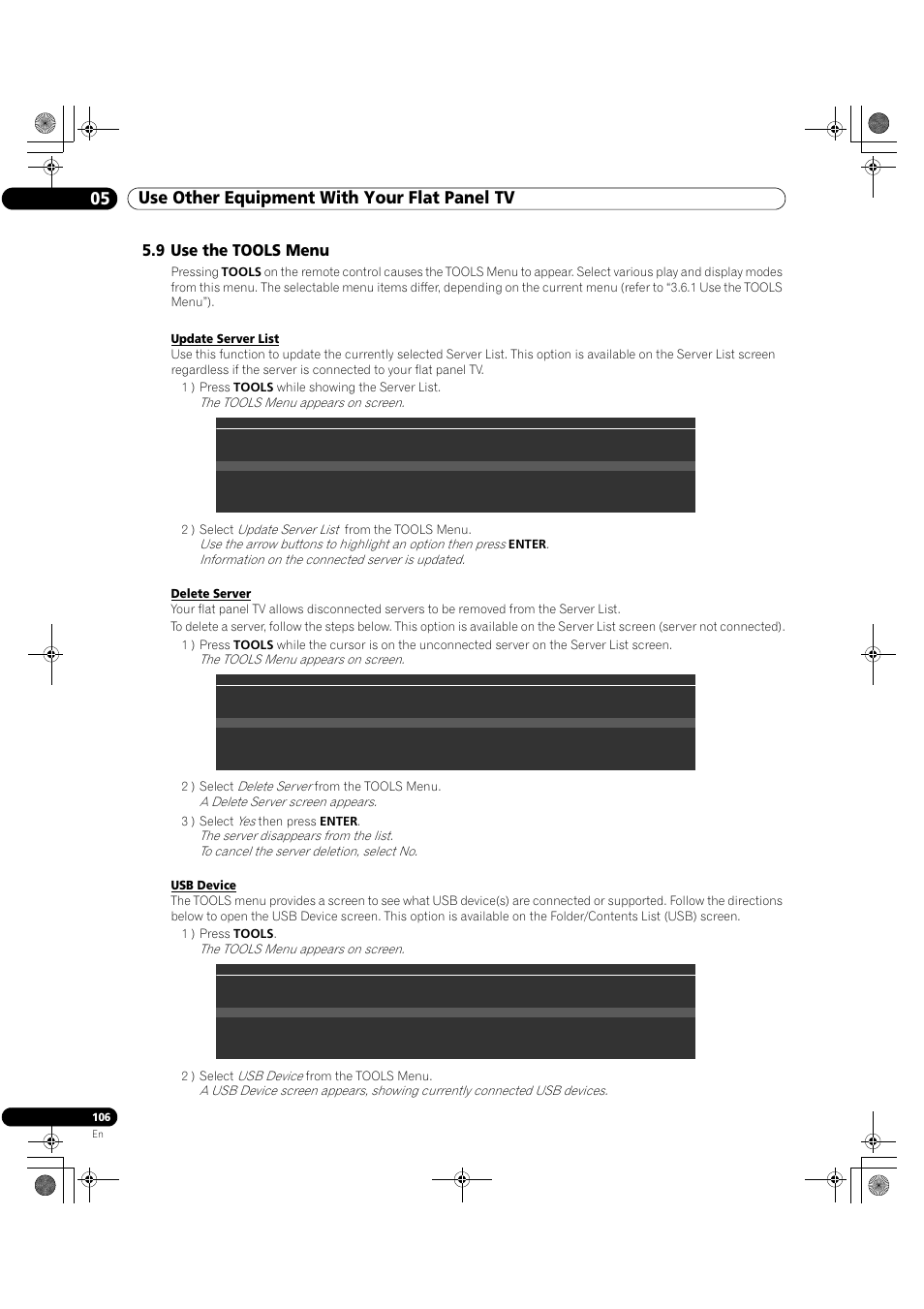 9 use the tools menu, See use the tools menu, See use the tools menu ) | 05 use other equipment with your flat panel tv | Pioneer Elite KURO PRO 151FD User Manual | Page 106 / 167