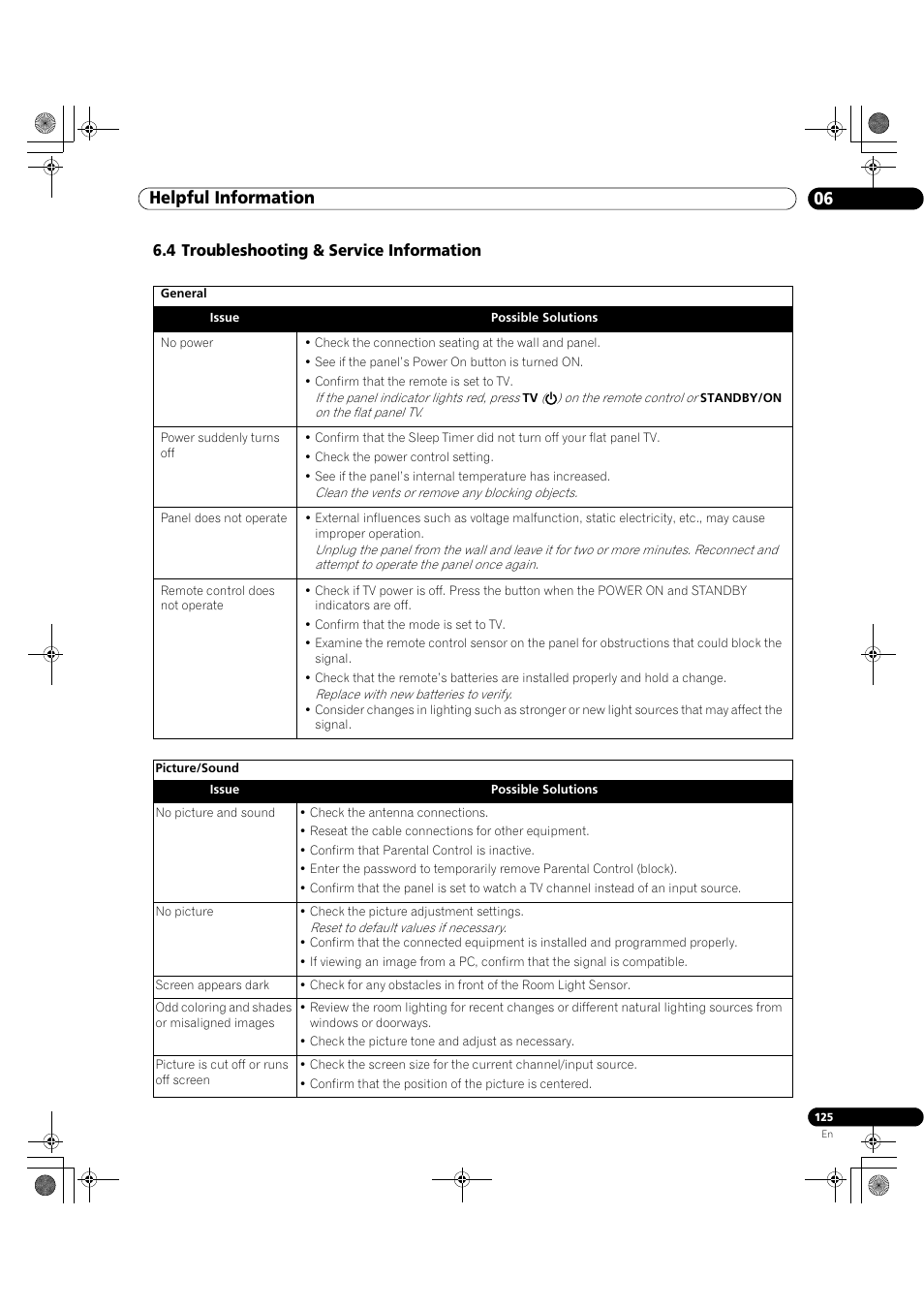 4 troubleshooting & service information, Helpful information 06 | Pioneer Elite KURO PRO 151FD User Manual | Page 125 / 167