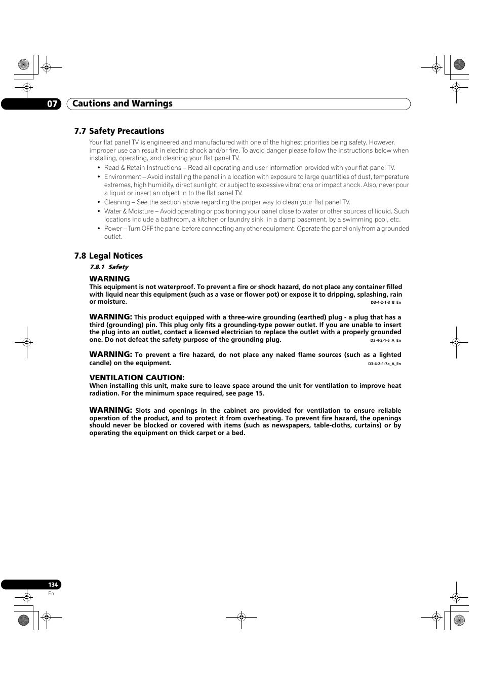 7 safety precautions 7.8 legal notices, 1 safety, 07 cautions and warnings | Pioneer Elite KURO PRO 151FD User Manual | Page 134 / 167