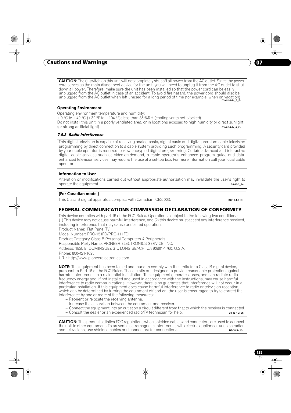 2 radio interference, Cautions and warnings 07 | Pioneer Elite KURO PRO 151FD User Manual | Page 135 / 167
