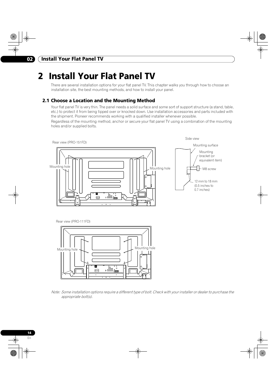 2 install your flat panel tv, 1 choose a location and the mounting method, 02 install your flat panel tv | Pioneer Elite KURO PRO 151FD User Manual | Page 14 / 167
