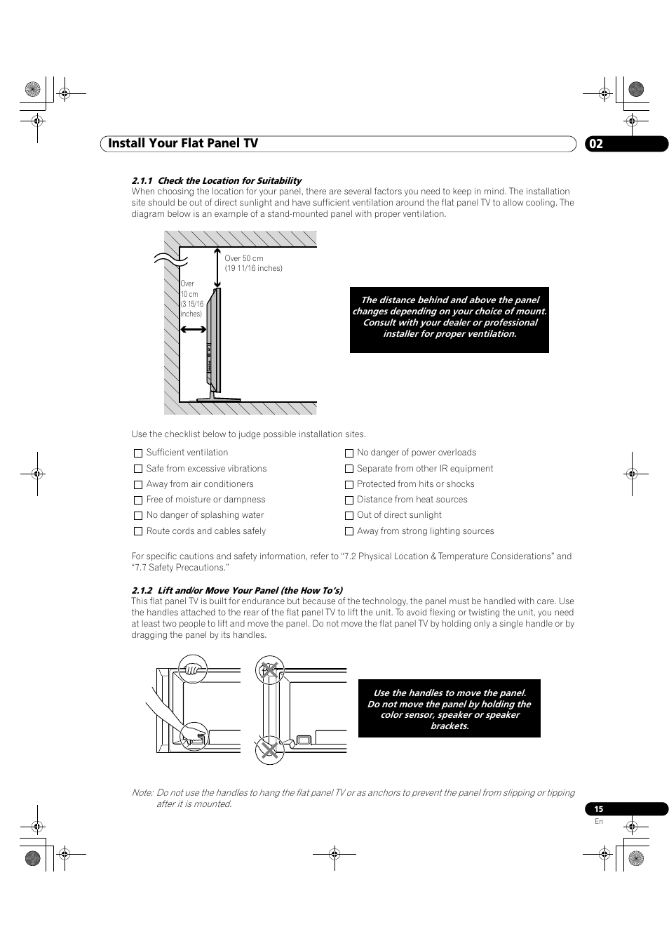 02 install your flat panel tv | Pioneer Elite KURO PRO 151FD User Manual | Page 15 / 167