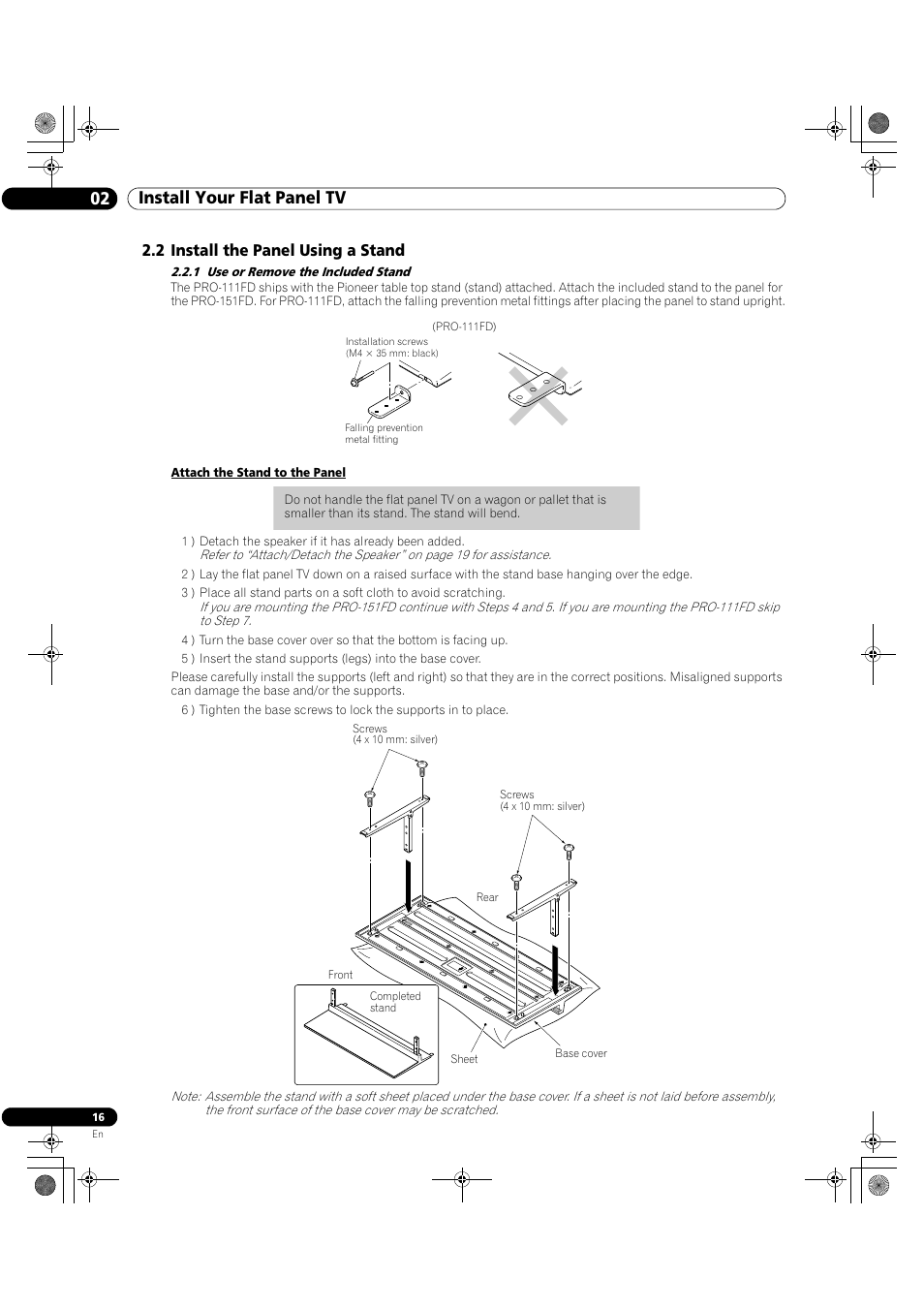 2 install the panel using a stand, 1 use or remove the included stand, 02 install your flat panel tv | Pioneer Elite KURO PRO 151FD User Manual | Page 16 / 167