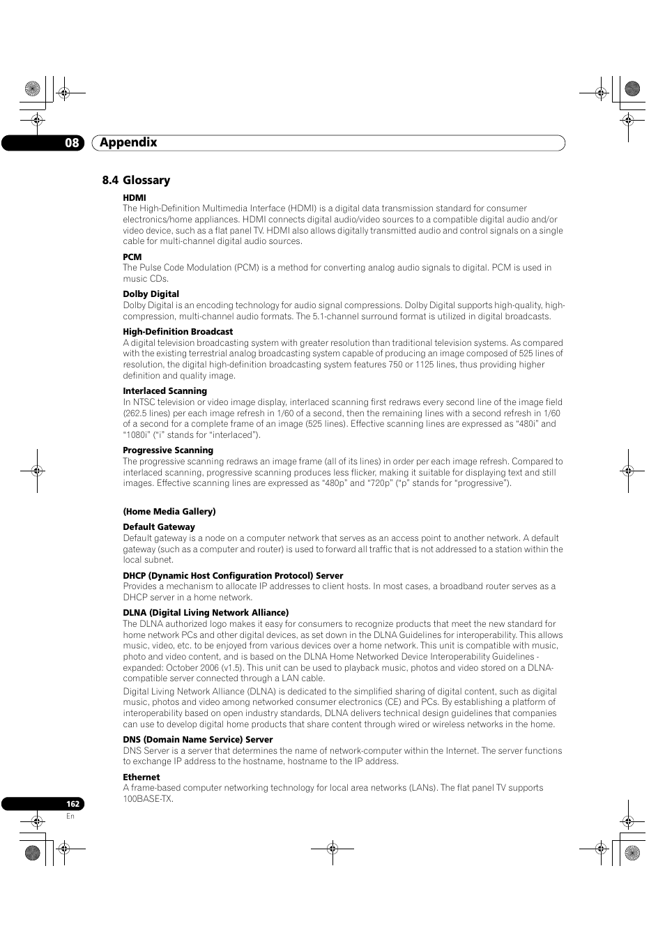 4 glossary, 08 appendix | Pioneer Elite KURO PRO 151FD User Manual | Page 162 / 167