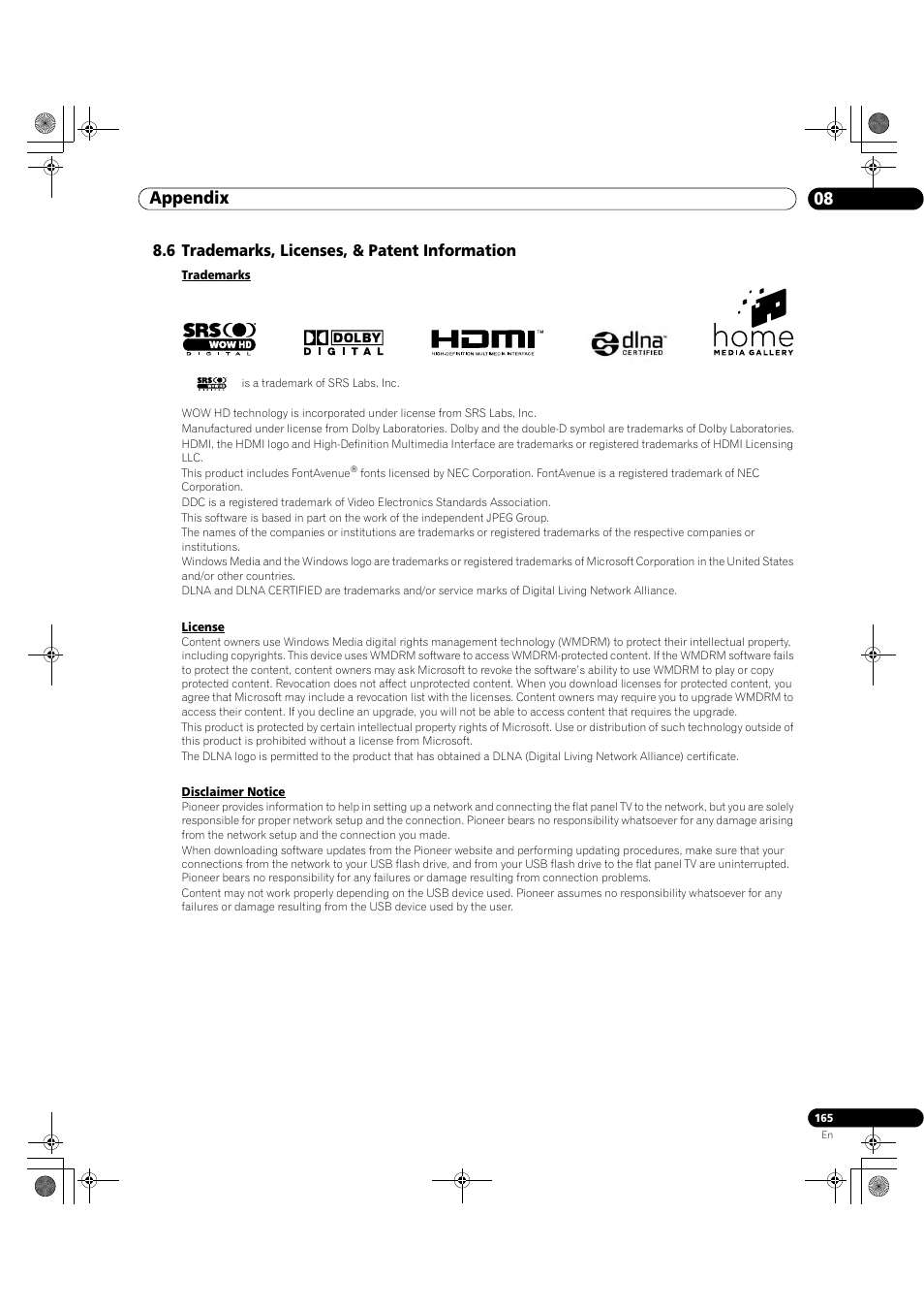 6 trademarks, licenses, & patent information, Appendix 08 | Pioneer Elite KURO PRO 151FD User Manual | Page 165 / 167