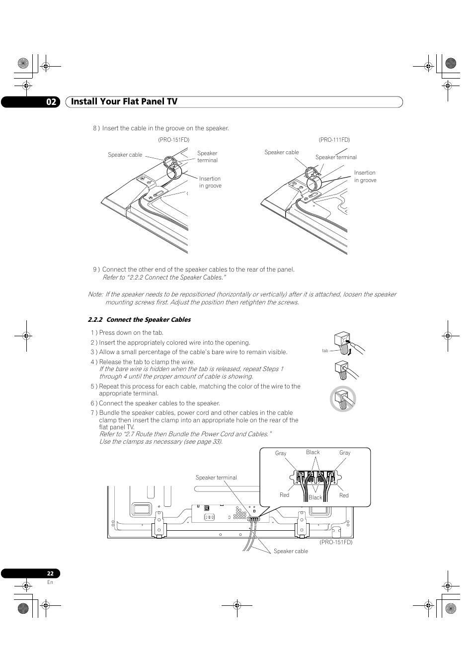 2 connect the speaker cables, 02 install your flat panel tv | Pioneer Elite KURO PRO 151FD User Manual | Page 22 / 167