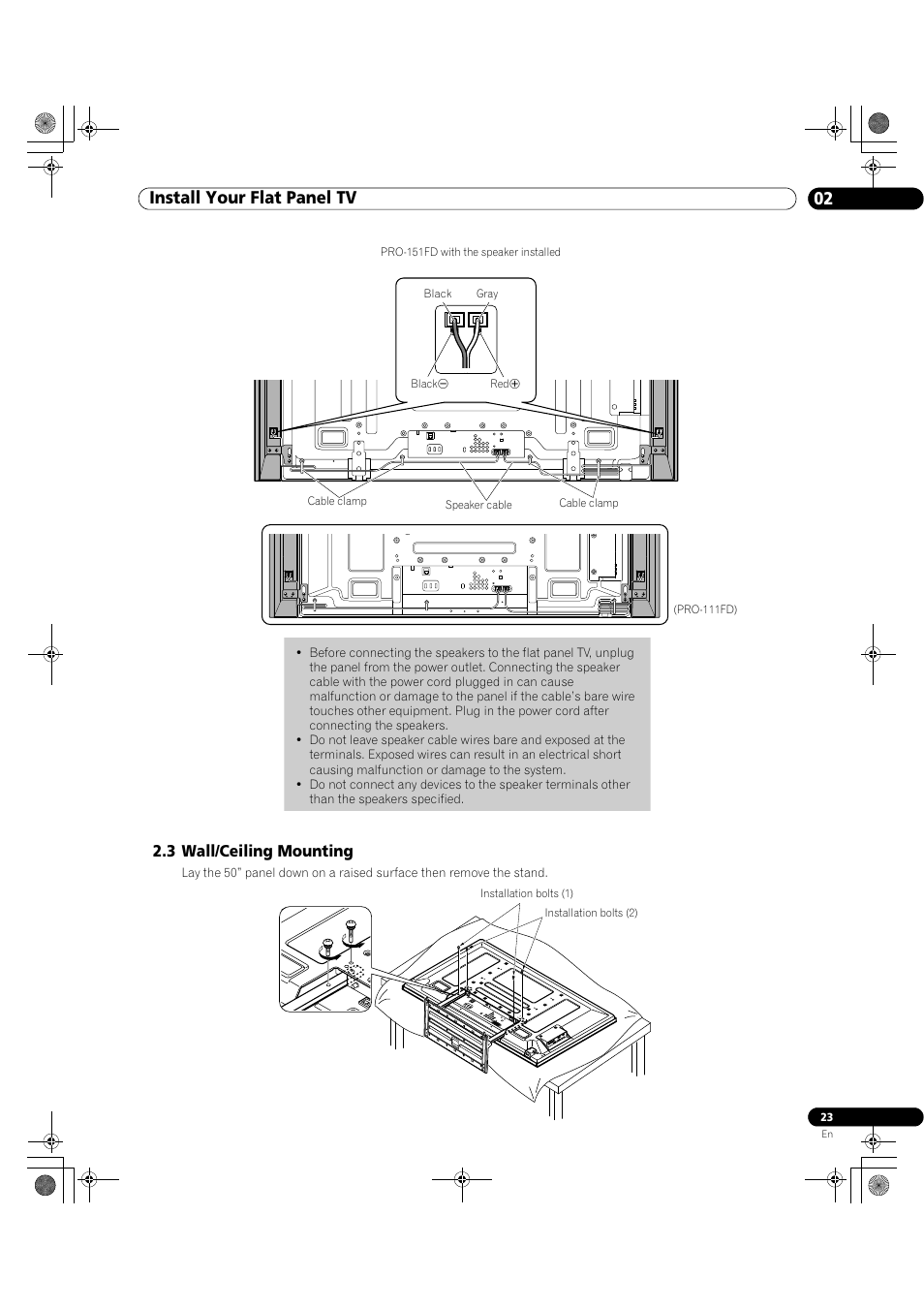 3 wall/ceiling mounting, 02 install your flat panel tv | Pioneer Elite KURO PRO 151FD User Manual | Page 23 / 167