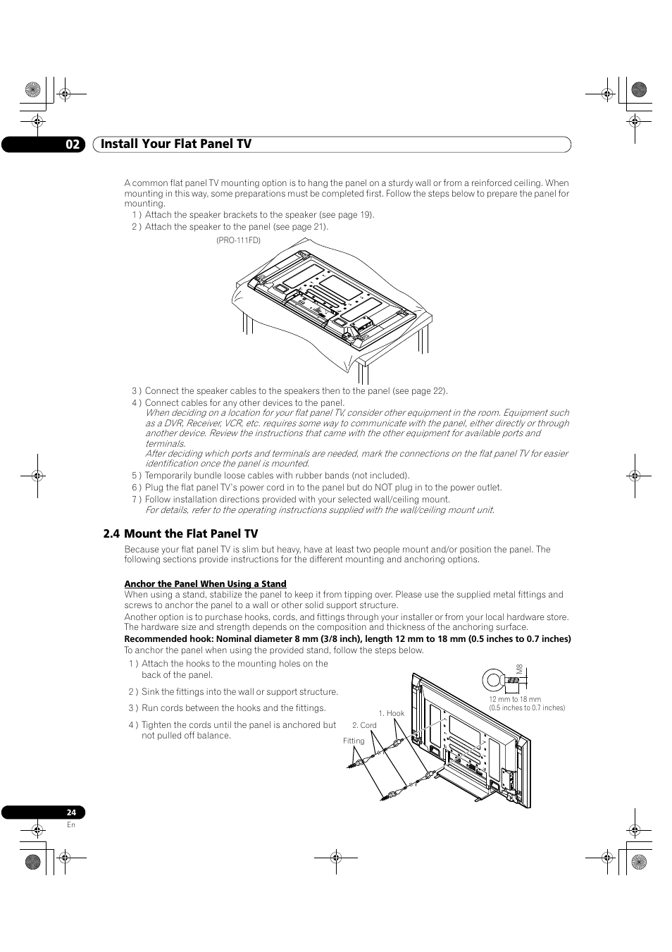 4 mount the flat panel tv, 02 install your flat panel tv | Pioneer Elite KURO PRO 151FD User Manual | Page 24 / 167