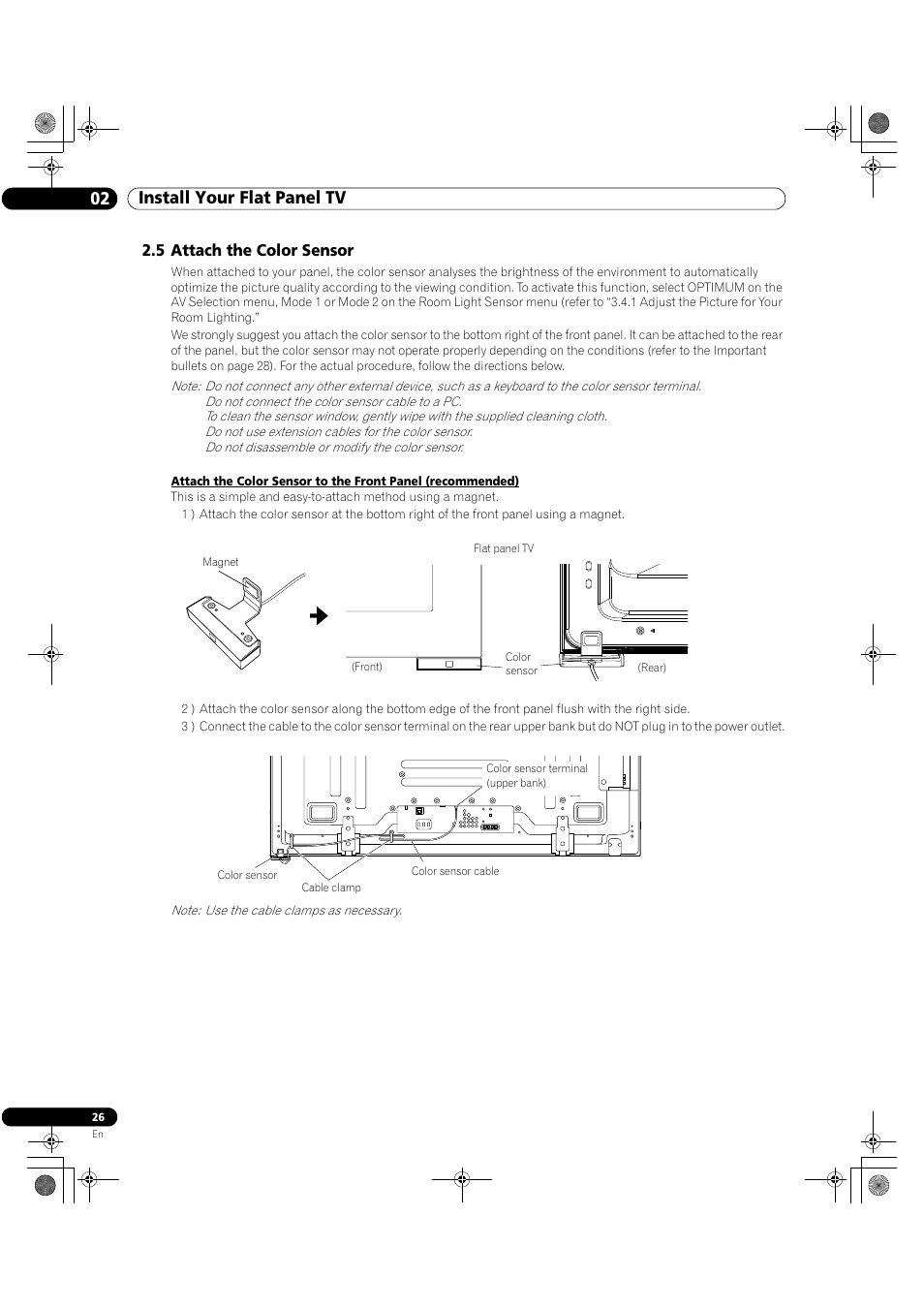 5 attach the color sensor, 02 install your flat panel tv | Pioneer Elite KURO PRO 151FD User Manual | Page 26 / 167