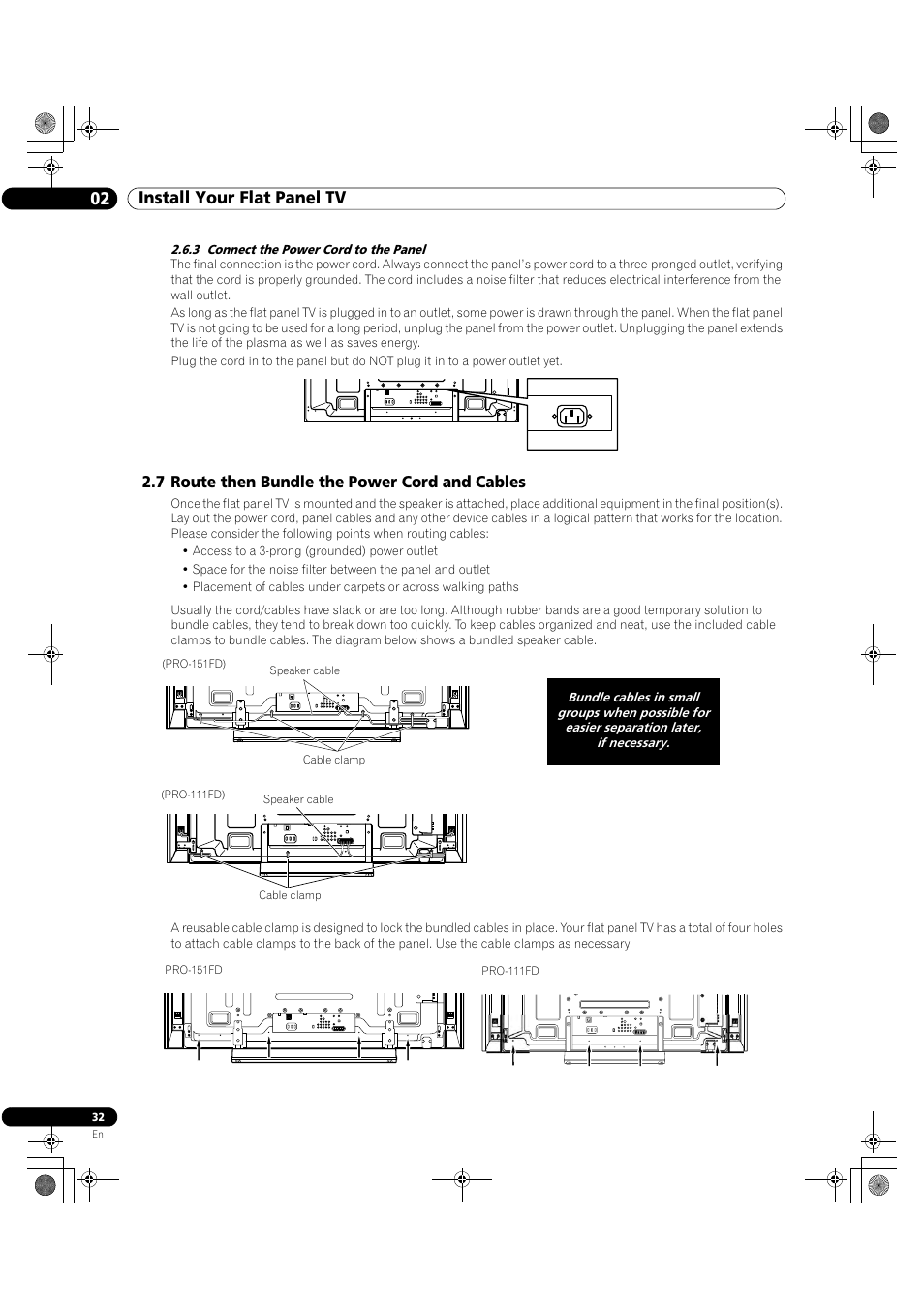 3 connect the power cord to the panel, 7 route then bundle the power cord and cables, 02 install your flat panel tv | Pioneer Elite KURO PRO 151FD User Manual | Page 32 / 167