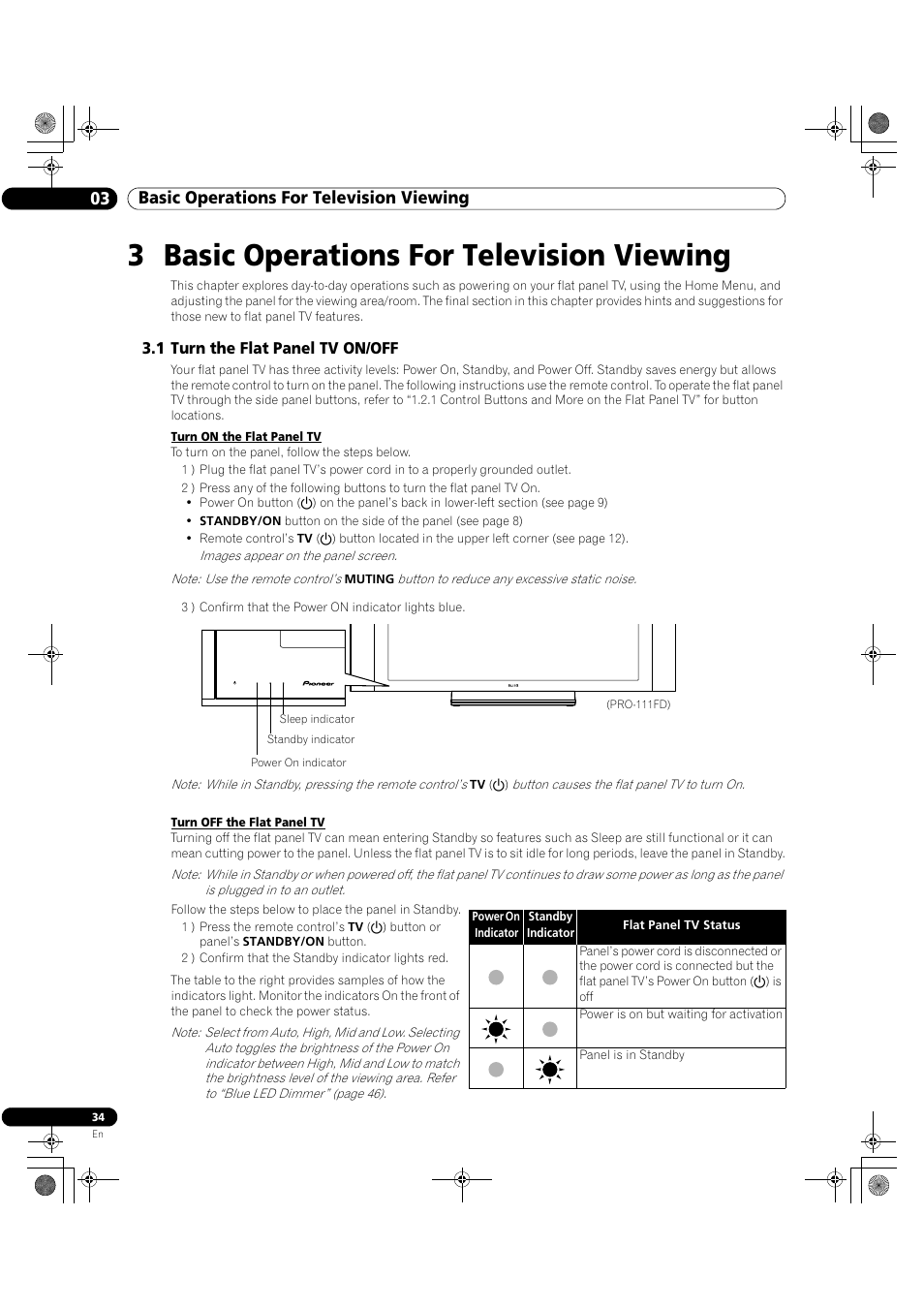 3 basic operations for television viewing, 1 turn the flat panel tv on/off, 03 basic operations for television viewing | Pioneer Elite KURO PRO 151FD User Manual | Page 34 / 167