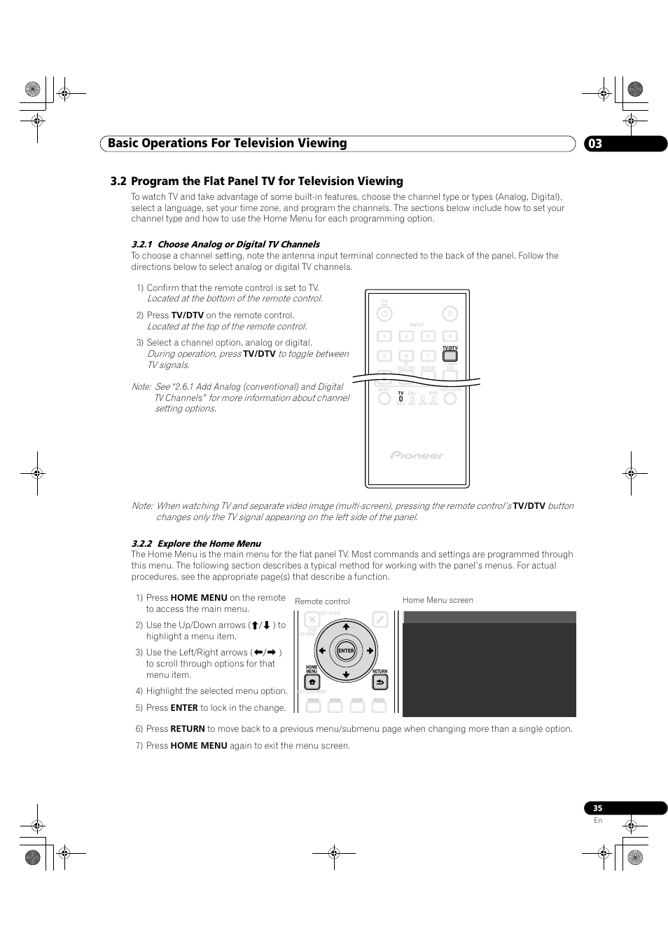 2 program the flat panel tv for television viewing, Basic operations for television viewing 03 | Pioneer Elite KURO PRO 151FD User Manual | Page 35 / 167