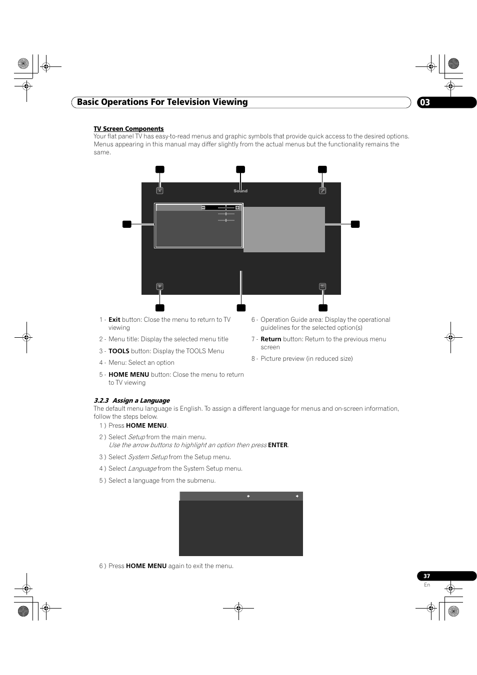3 assign a language, Basic operations for television viewing 03 | Pioneer Elite KURO PRO 151FD User Manual | Page 37 / 167