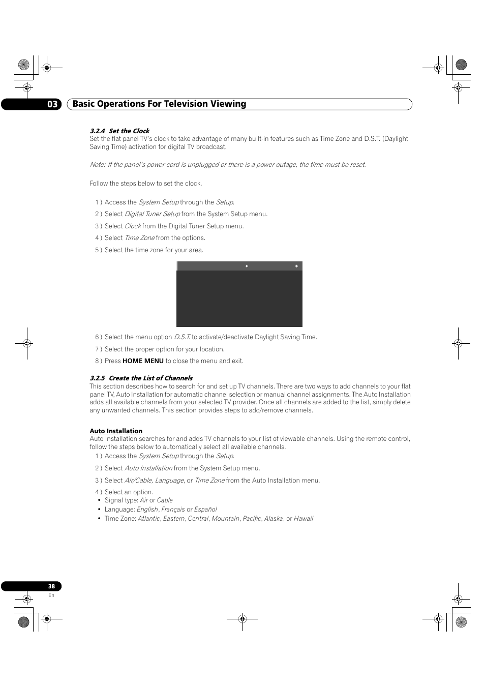 4 set the clock 3.2.5 create the list of channels, 03 basic operations for television viewing | Pioneer Elite KURO PRO 151FD User Manual | Page 38 / 167