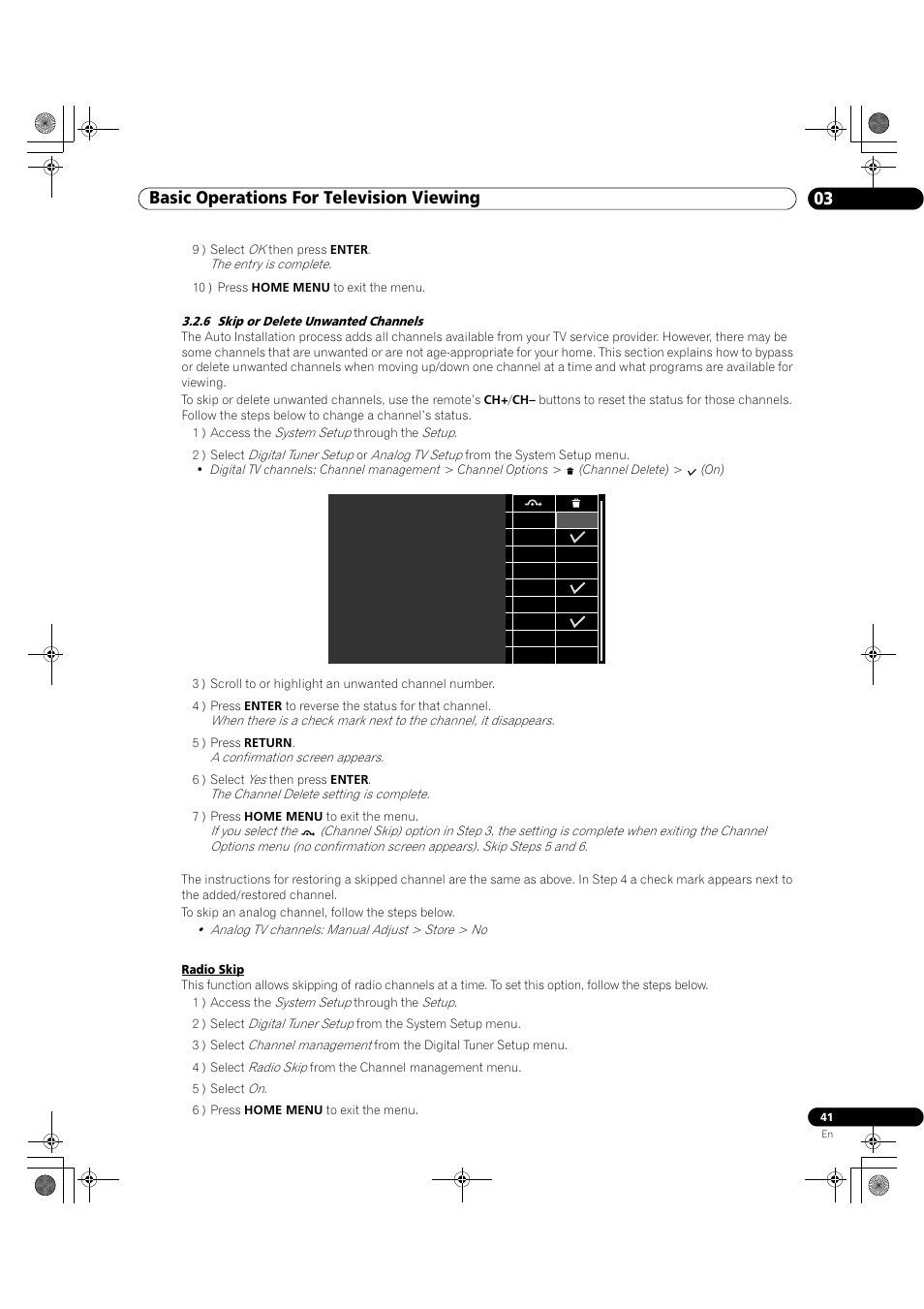 6 skip or delete unwanted channels, Basic operations for television viewing 03 | Pioneer Elite KURO PRO 151FD User Manual | Page 41 / 167