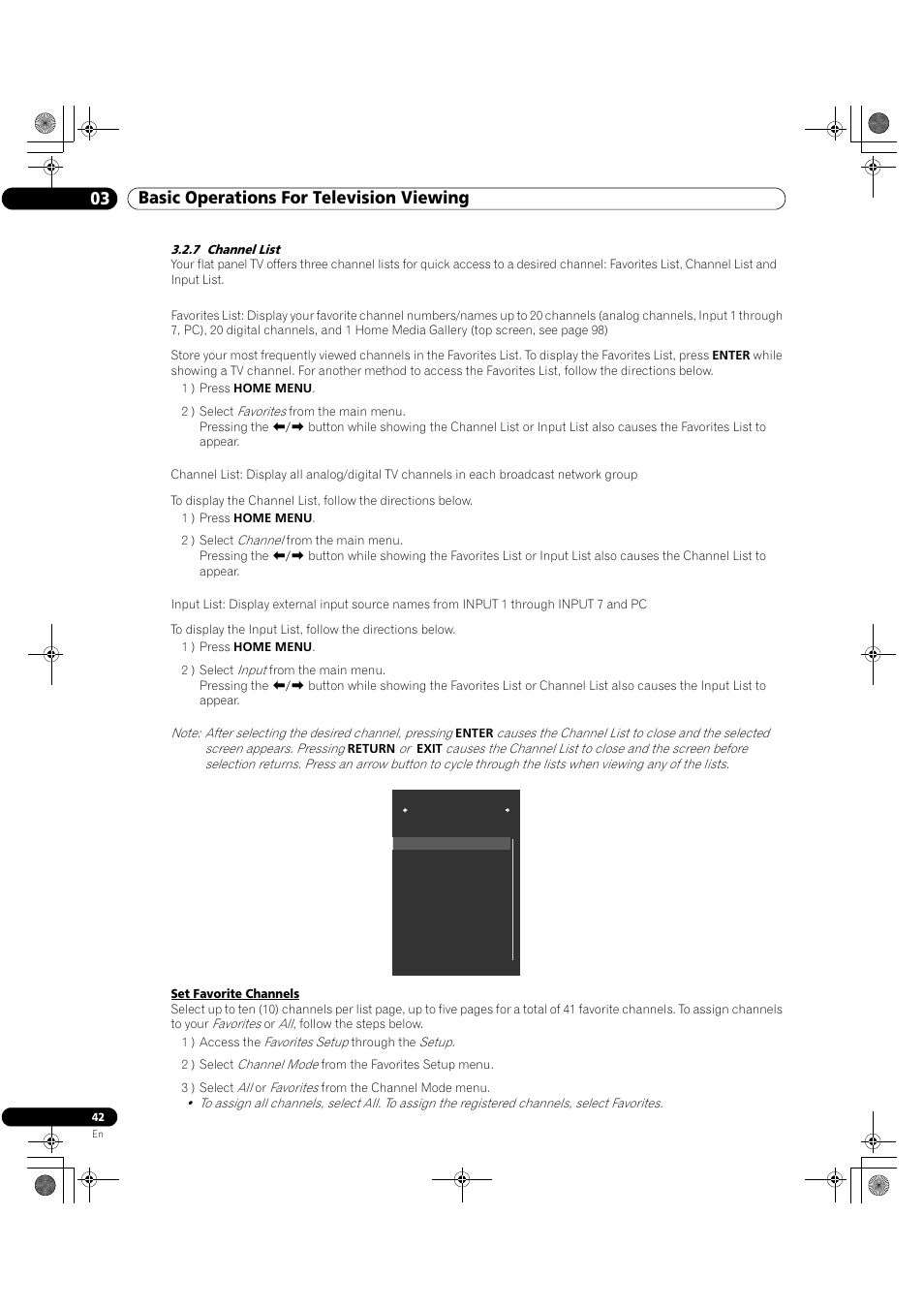 7 channel list, 03 basic operations for television viewing | Pioneer Elite KURO PRO 151FD User Manual | Page 42 / 167