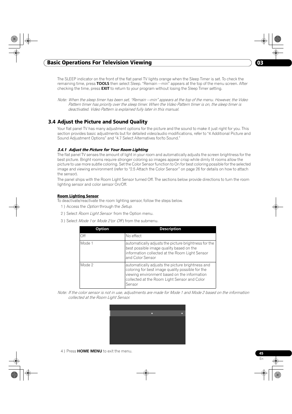 4 adjust the picture and sound quality, 1 adjust the picture for your room lighting, Basic operations for television viewing 03 | Pioneer Elite KURO PRO 151FD User Manual | Page 45 / 167