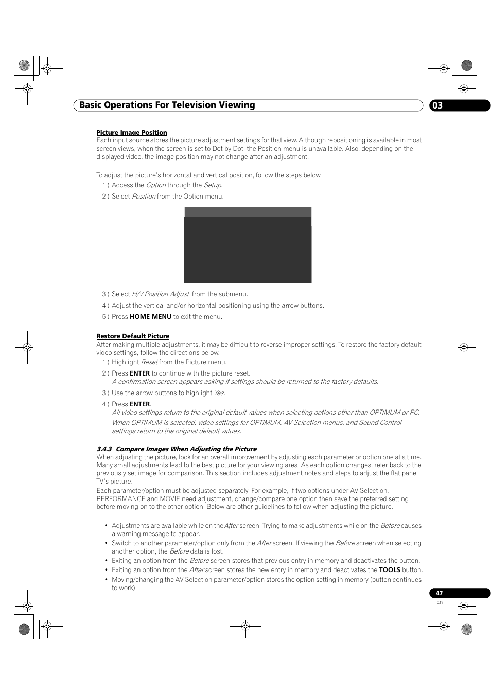 3 compare images when adjusting the picture, Basic operations for television viewing 03 | Pioneer Elite KURO PRO 151FD User Manual | Page 47 / 167