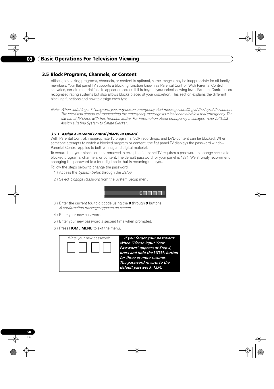 5 block programs, channels, or content, 1 assign a parental control (block) password, 03 basic operations for television viewing | Pioneer Elite KURO PRO 151FD User Manual | Page 50 / 167