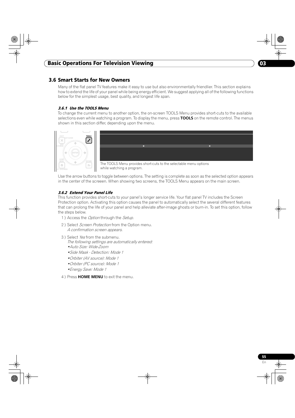 6 smart starts for new owners, 1 use the tools menu 3.6.2 extend your panel life, Basic operations for television viewing 03 | Pioneer Elite KURO PRO 151FD User Manual | Page 55 / 167