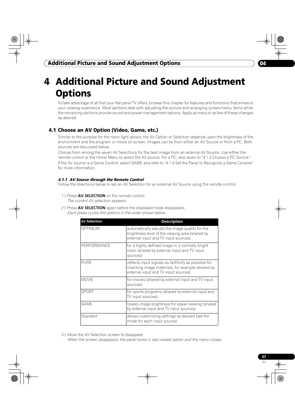 4 additional picture and sound adjustment options, 1 choose an av option (video, game, etc.), 1 av source through the remote control | 04 additional picture and sound adjustment options | Pioneer Elite KURO PRO 151FD User Manual | Page 57 / 167