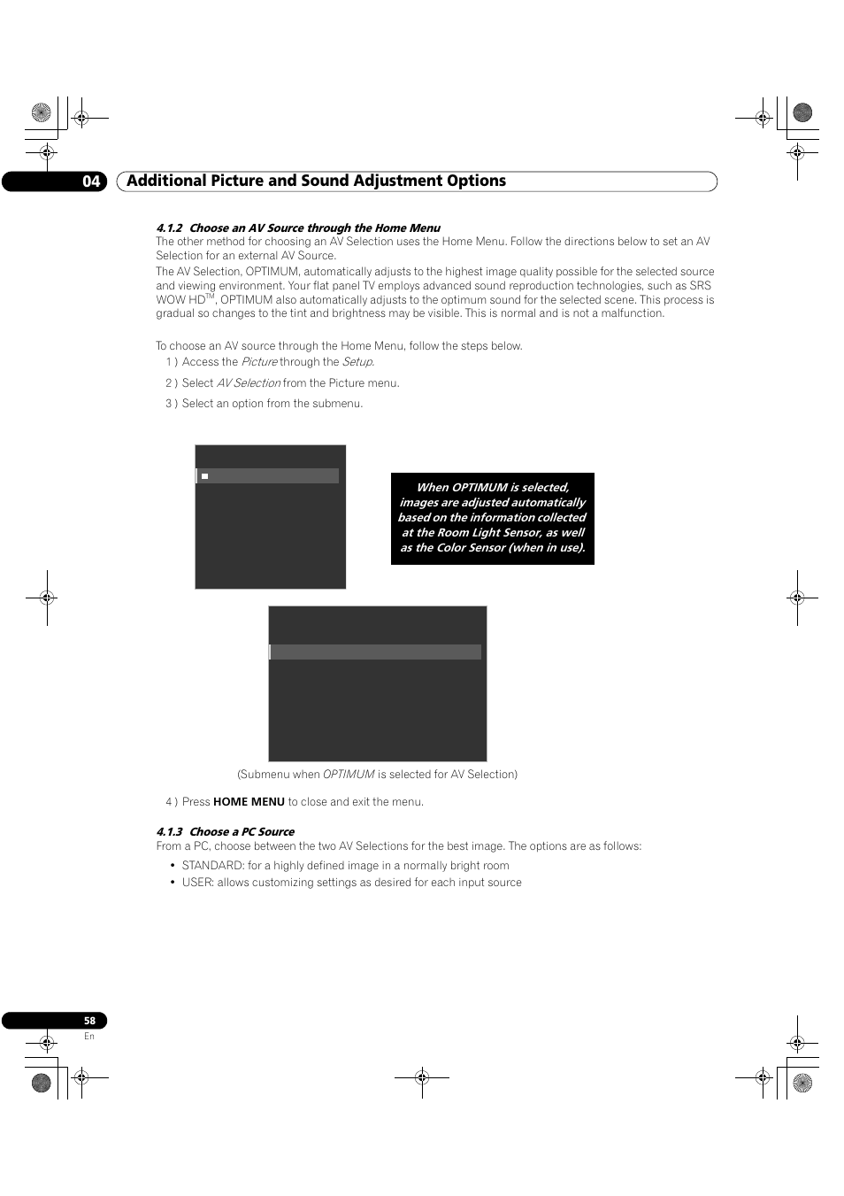 04 additional picture and sound adjustment options | Pioneer Elite KURO PRO 151FD User Manual | Page 58 / 167