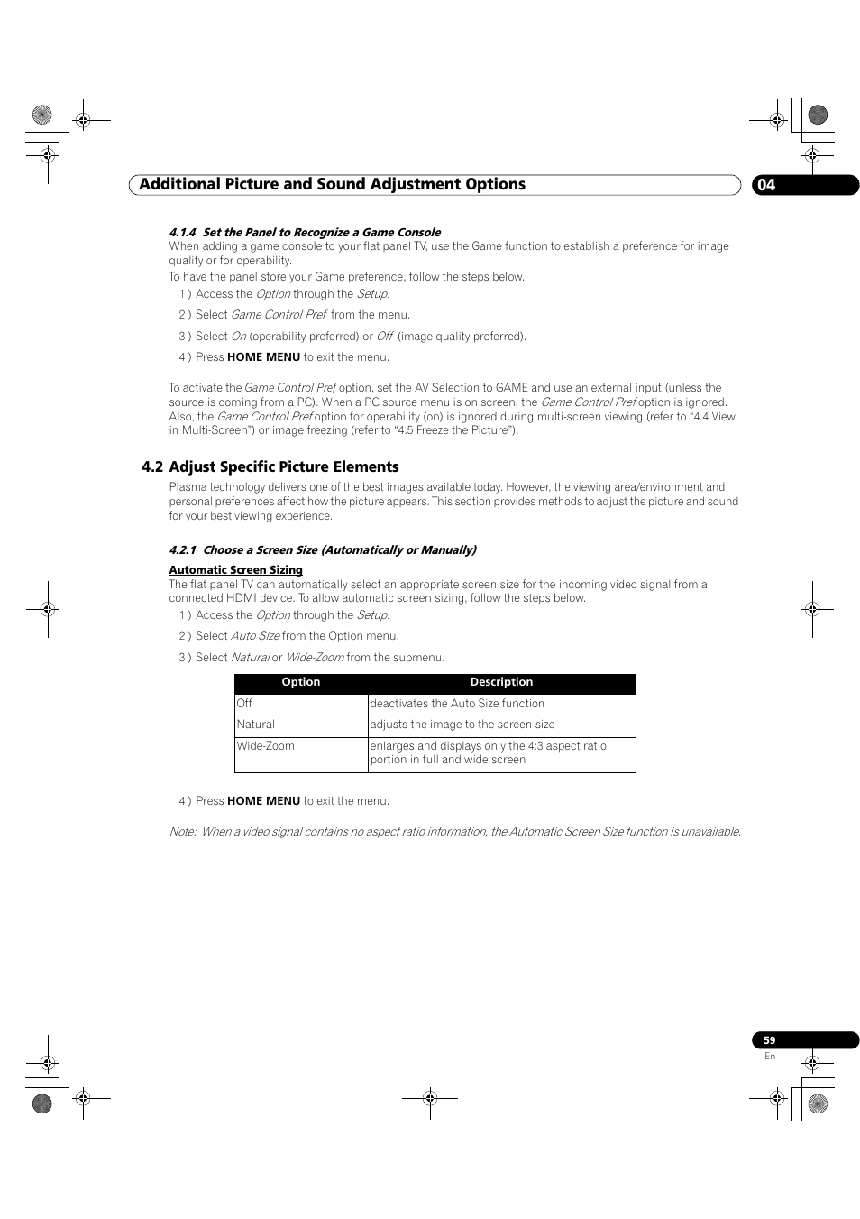 4 set the panel to recognize a game console, 2 adjust specific picture elements, 1 choose a screen size (automatically or manually) | 04 additional picture and sound adjustment options | Pioneer Elite KURO PRO 151FD User Manual | Page 59 / 167