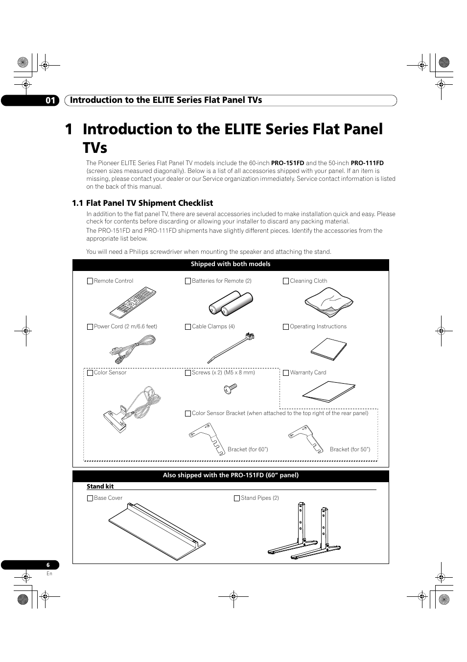 1 introduction to the elite series flat panel tvs, 1 flat panel tv shipment checklist, 01 introduction to the elite series flat panel tvs | Pioneer Elite KURO PRO 151FD User Manual | Page 6 / 167