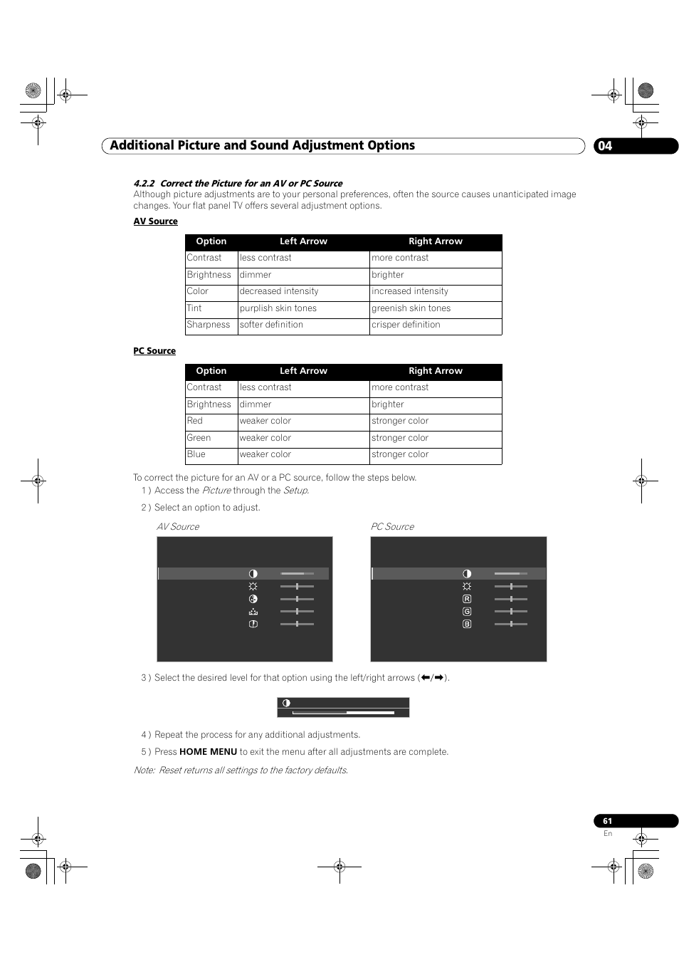 2 correct the picture for an av or pc source, 04 additional picture and sound adjustment options | Pioneer Elite KURO PRO 151FD User Manual | Page 61 / 167