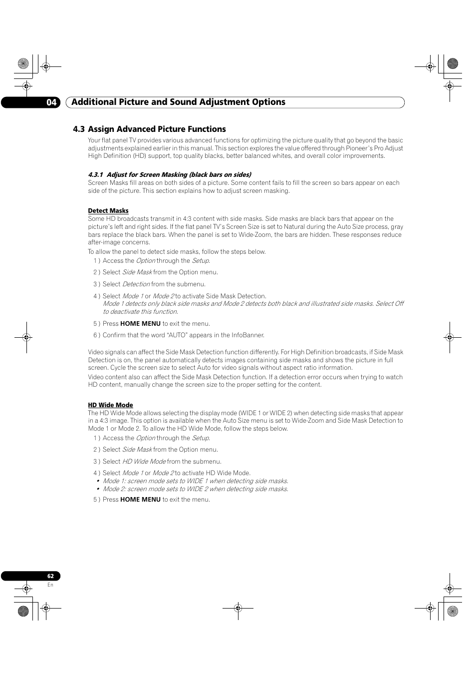 3 assign advanced picture functions, 1 adjust for screen masking (black bars on sides), 04 additional picture and sound adjustment options | Pioneer Elite KURO PRO 151FD User Manual | Page 62 / 167