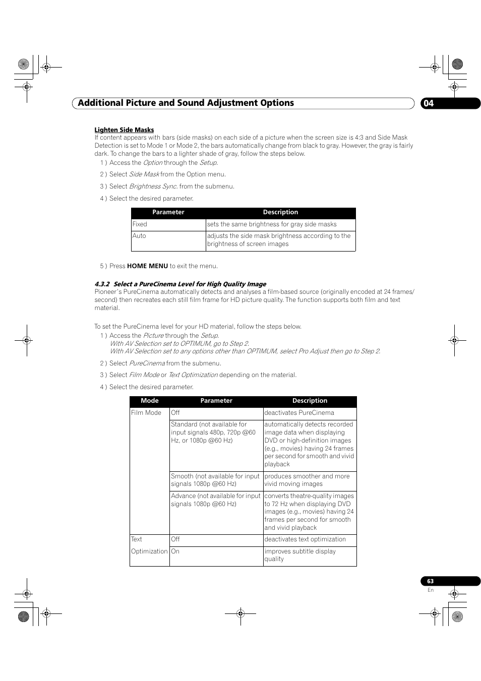 2 select a purecinema level for high quality image, 04 additional picture and sound adjustment options | Pioneer Elite KURO PRO 151FD User Manual | Page 63 / 167