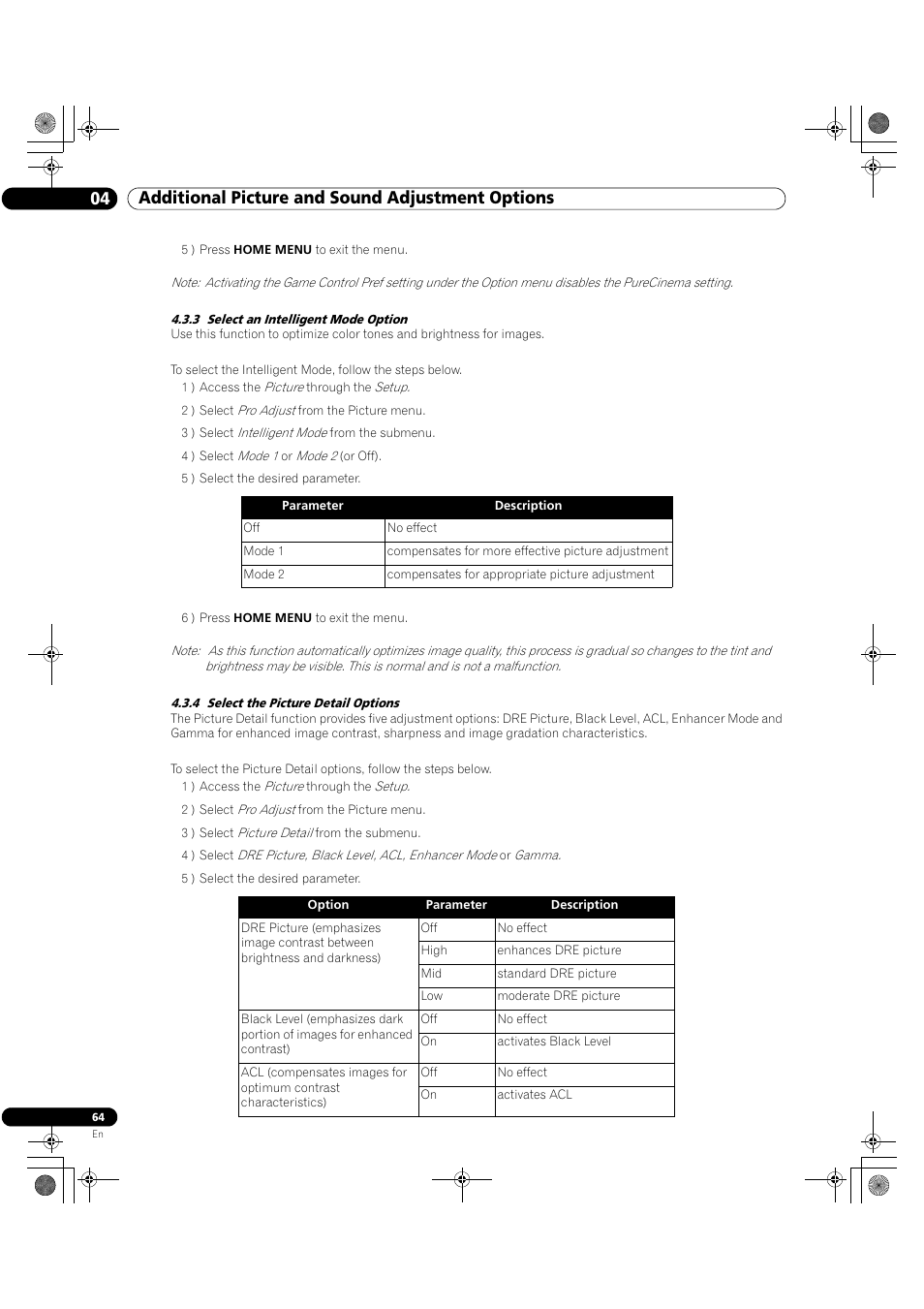 04 additional picture and sound adjustment options | Pioneer Elite KURO PRO 151FD User Manual | Page 64 / 167