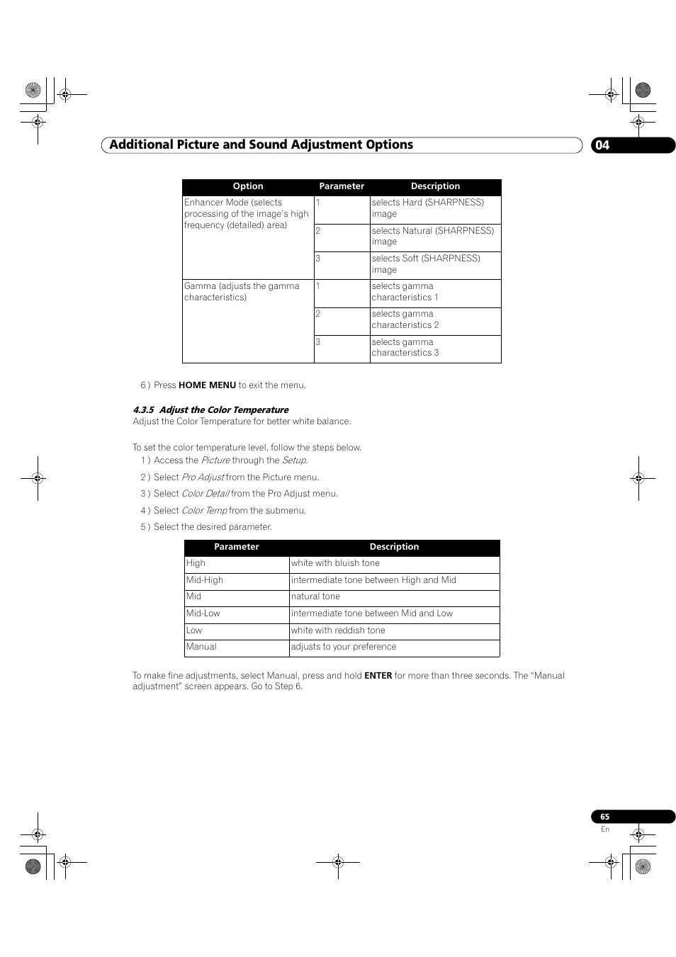 5 adjust the color temperature, 04 additional picture and sound adjustment options | Pioneer Elite KURO PRO 151FD User Manual | Page 65 / 167